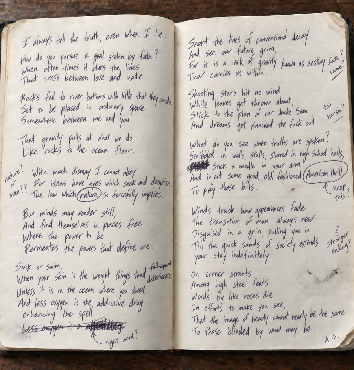 Andrew Gallery's handwritten poem I Always Tell the Truth, Even When I Lie in an open notebook